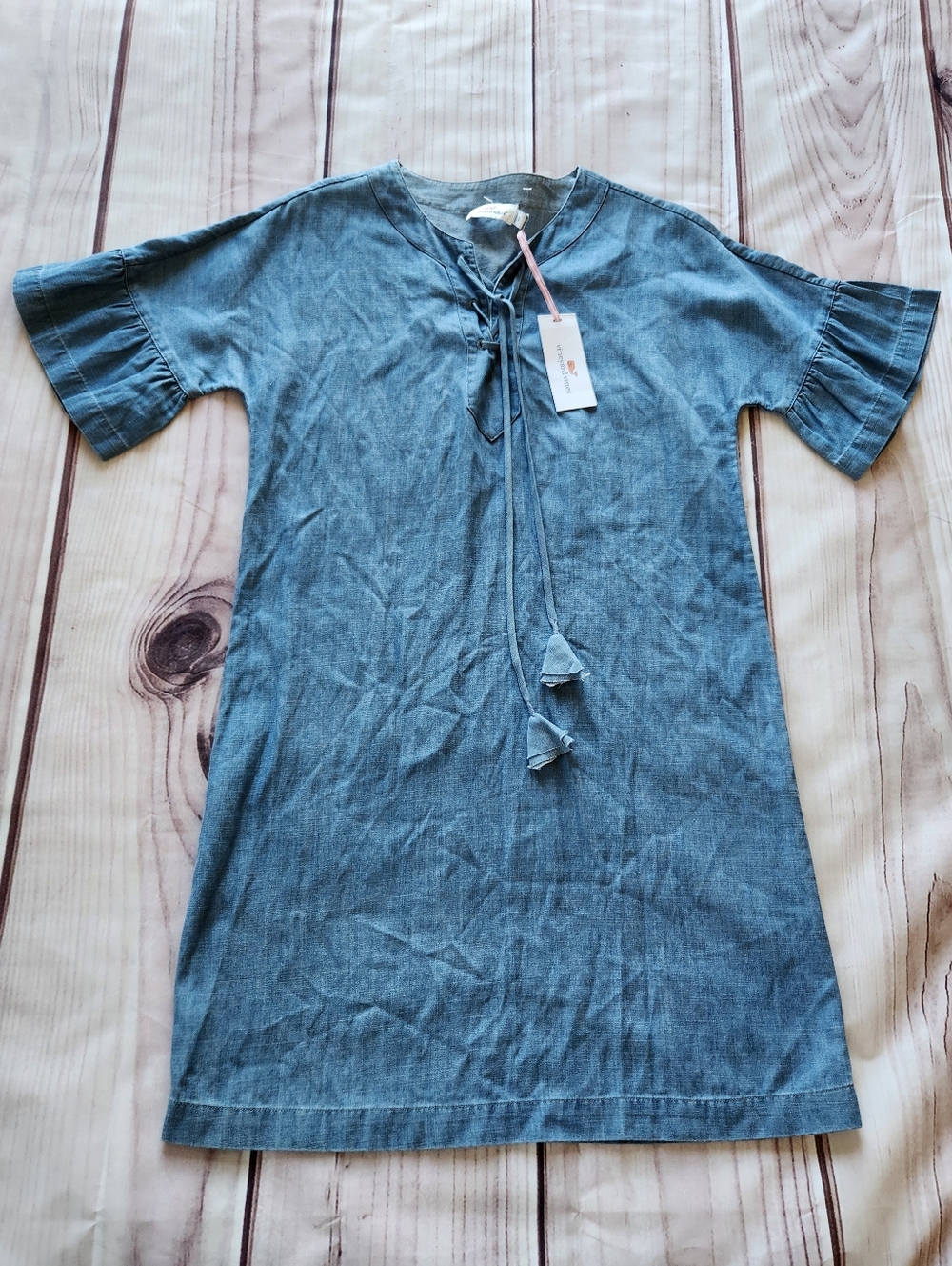 NWT Vineyard Vines "Chambray Flutter Sleeve Lace Up Dress" Blue, Women's Size 0 - Picture 4 of 9